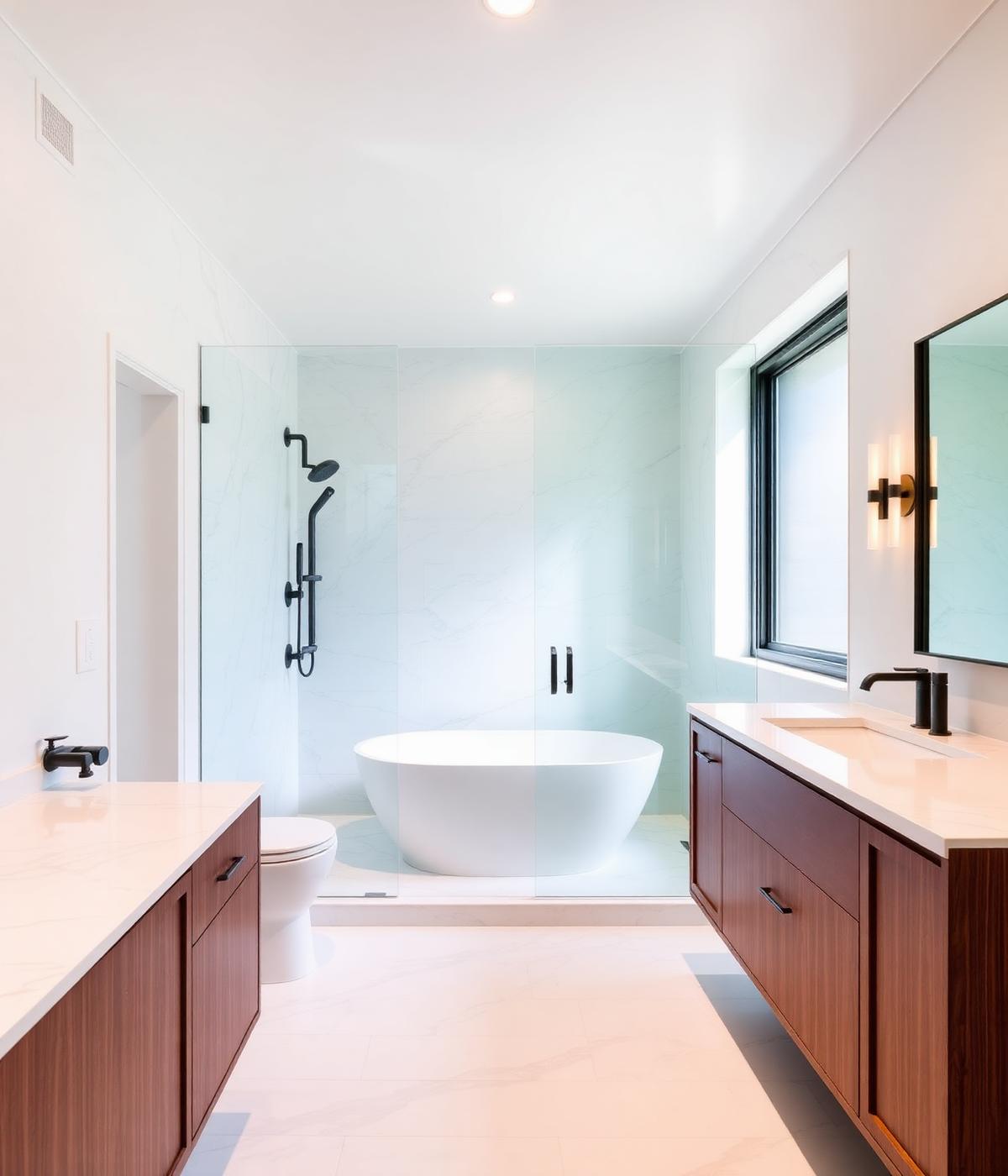 Modern Denver bathroom remodel with walk-in shower and natural stone tile